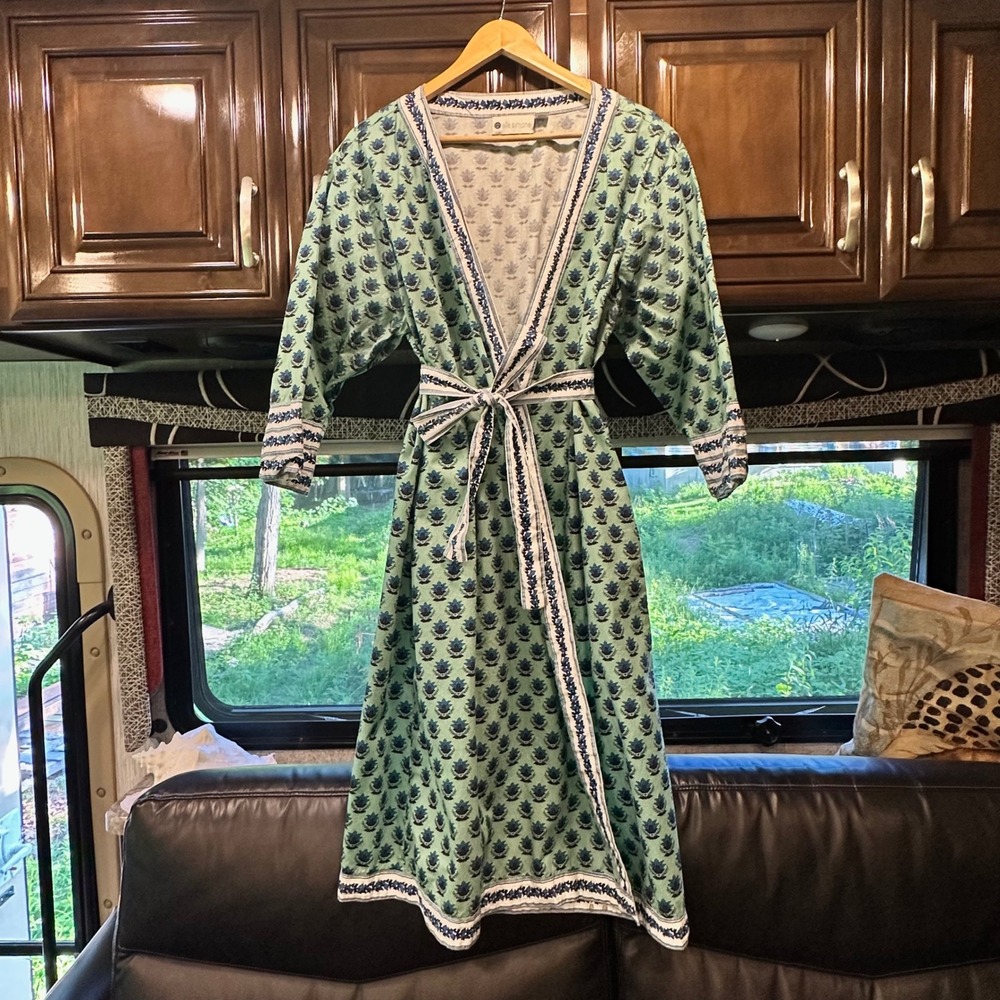 Ella Simone Womens XL Mint Green Blue Floral‎ Cotton Wrap Robe Block Print XL